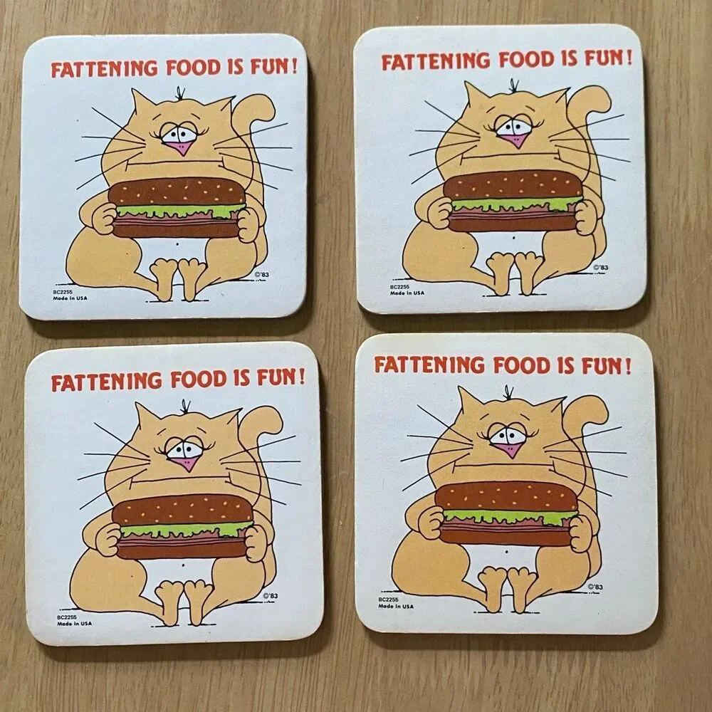 FATTENING FOOD IS FUN! Four Vintage Coasters Cartoon Cat